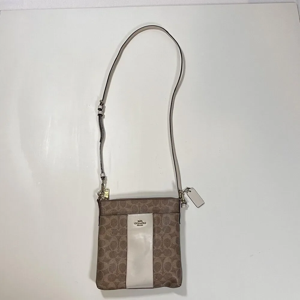 Coach Signature Stripe Crossbody Bag Womens Small Brown Cream Leather Purse